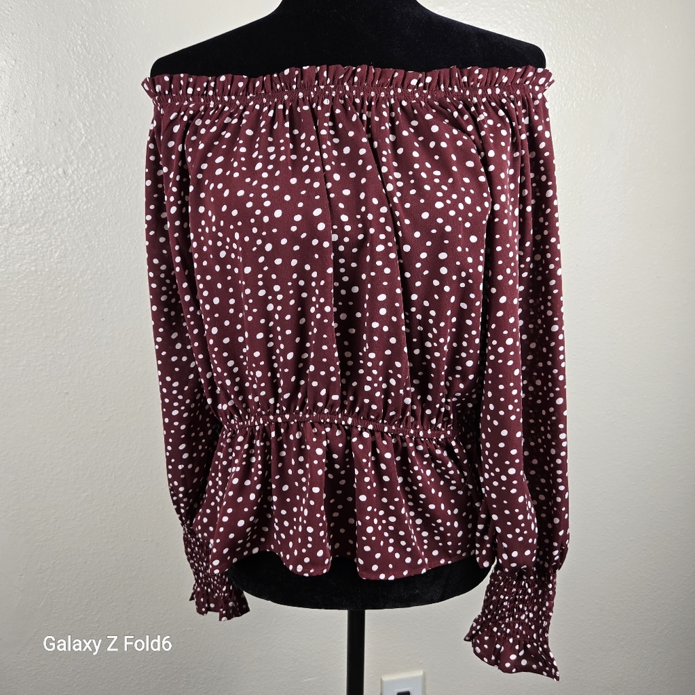 COZY CASUAL Maroon White Polka Dot Off Shoulder Peplum Blouse Top L‎ Fall